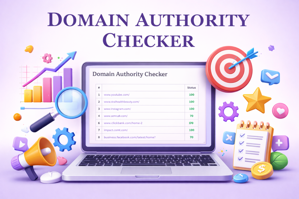 3D illustration of a Domain Authority Checker tool analyzing website authority scores and SEO performance Domain Authority Checker
