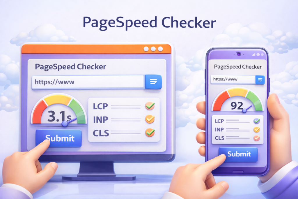 PageSpeed Checker interface showing website speed test on desktop and mobile
