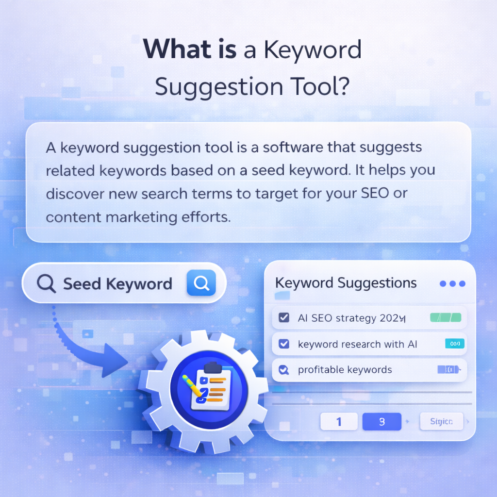 Keyword Suggestion Tool visual explaining how seed keywords generate related keyword ideas using AI