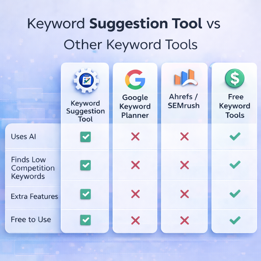 Keyword Suggestion Tool comparison with Google Keyword Planner, Ahrefs, SEMrush, and free keyword tools
