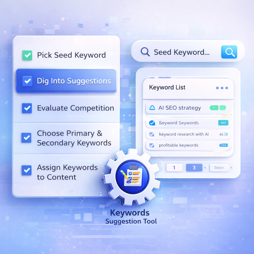 Step-by-step Keyword Suggestion Tool process for AI keyword research, competition analysis, and content planning