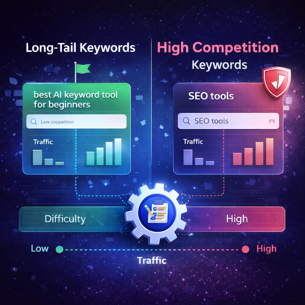 Keyword Suggestion Tool comparison between long-tail keywords and high-competition keywords for SEO rankings