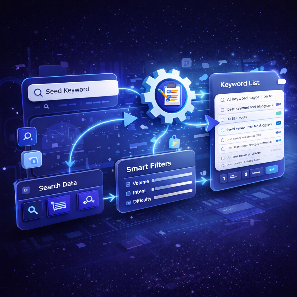 AI-powered Keyword Suggestion Tool workflow showing data sources, smart filters, and keyword analysis process