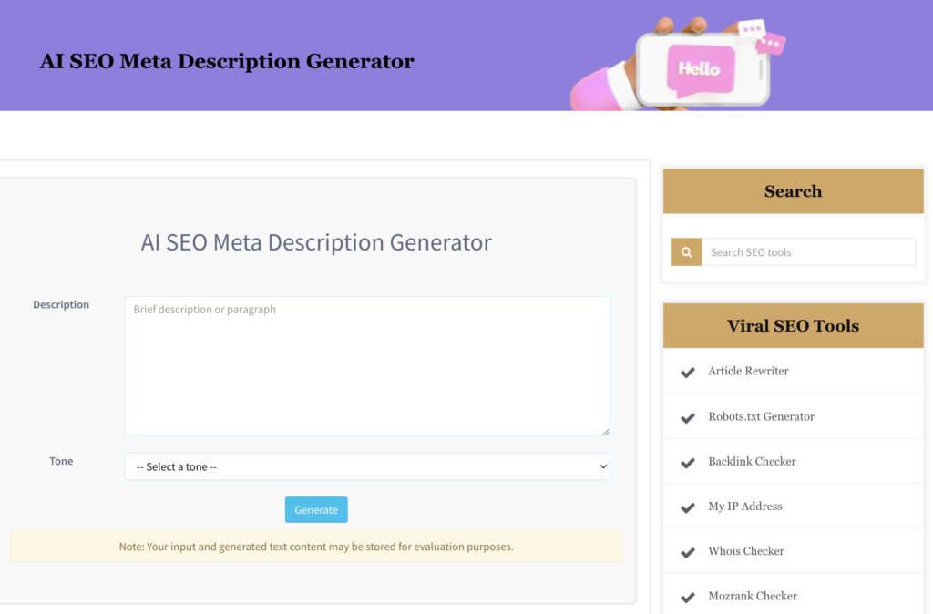 AI SEO meta description generator interface creating optimized descriptions based on search intent
