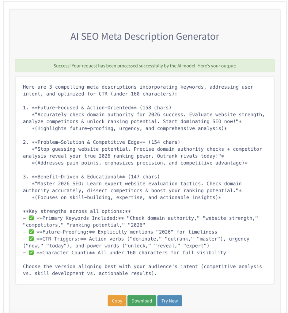 AI SEO meta description generator results showing multiple optimized meta description examples for higher CTR