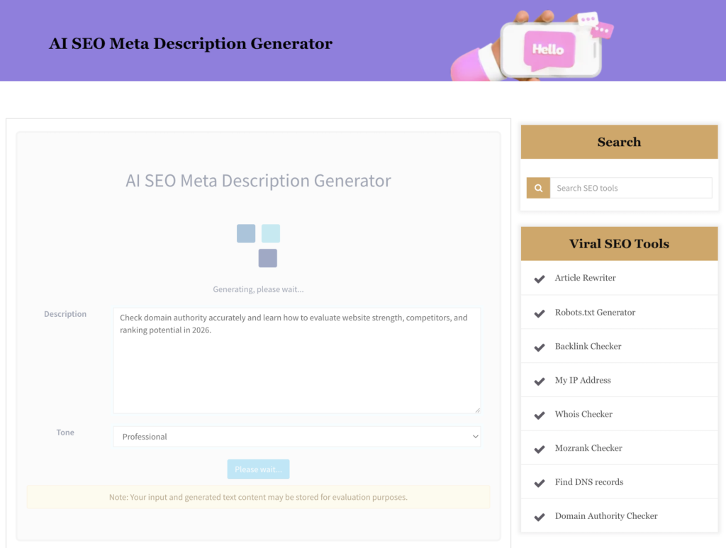 AI SEO meta description generator processing content and generating optimized meta descriptions