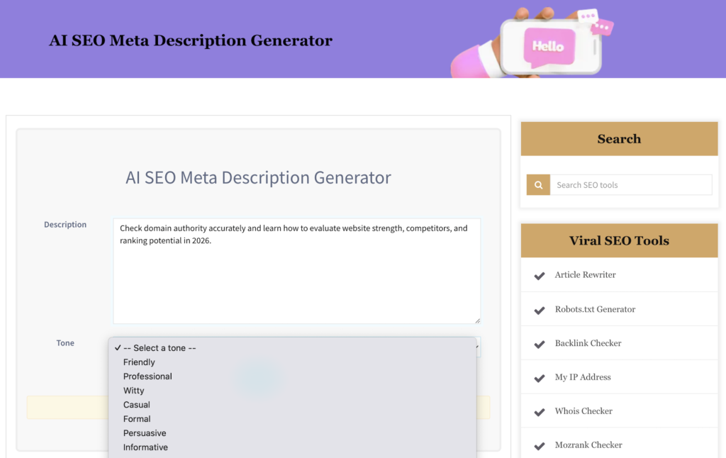 AI SEO meta description generator tone selector with professional writing style selected