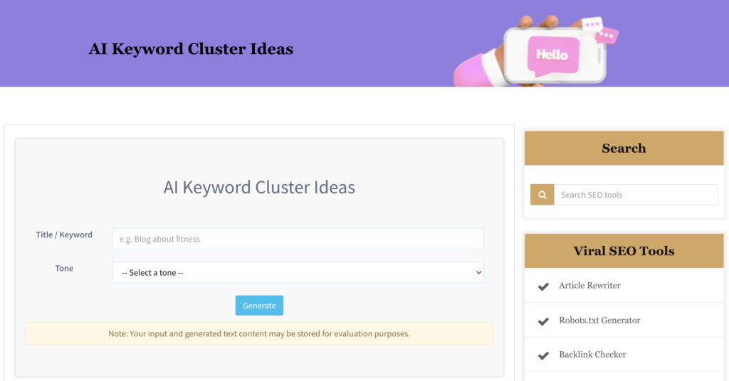 Keyword cluster ideas tool interface showing title input and tone selection for SEO clustering