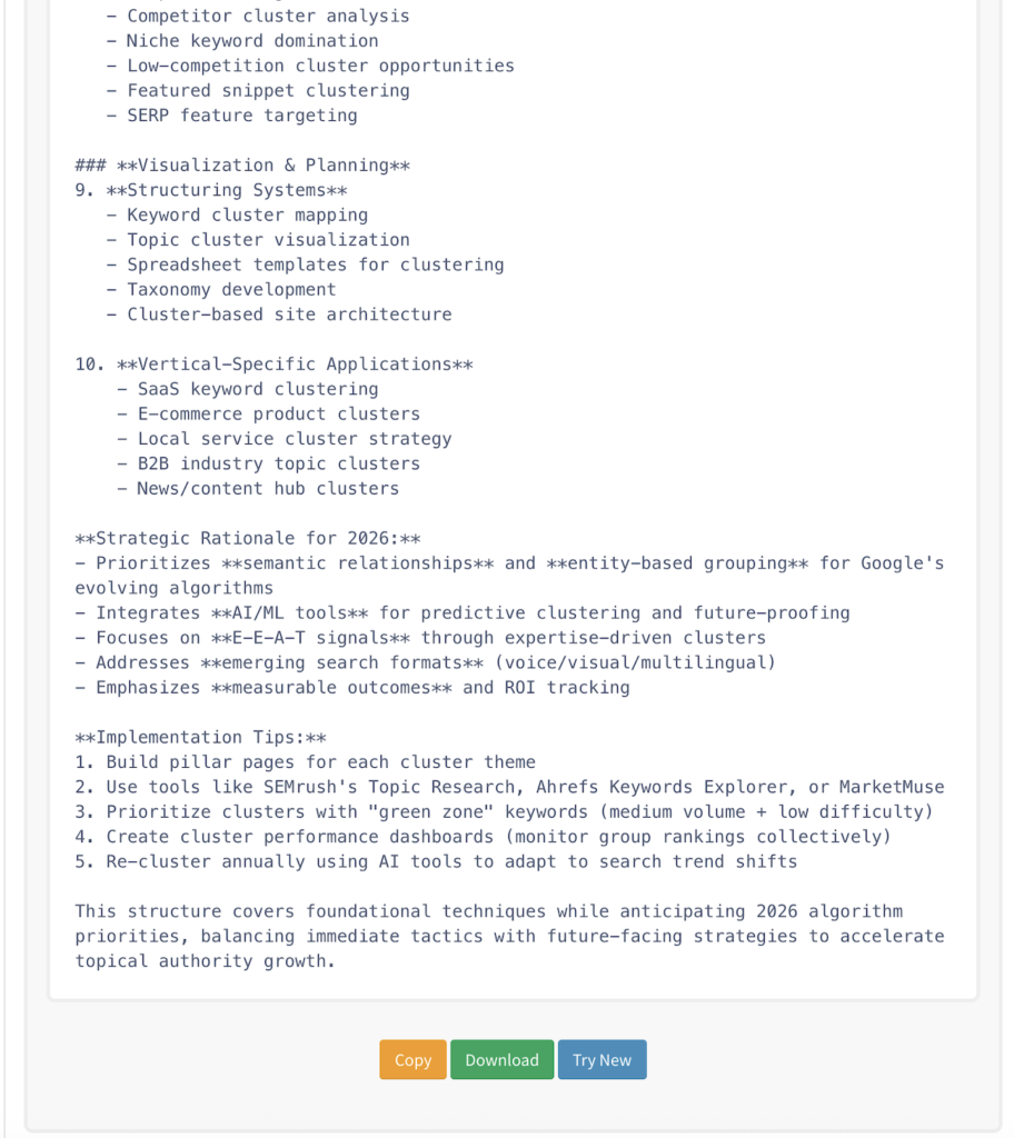 Keyword cluster ideas results displaying organized keyword groups for topical authority and SEO