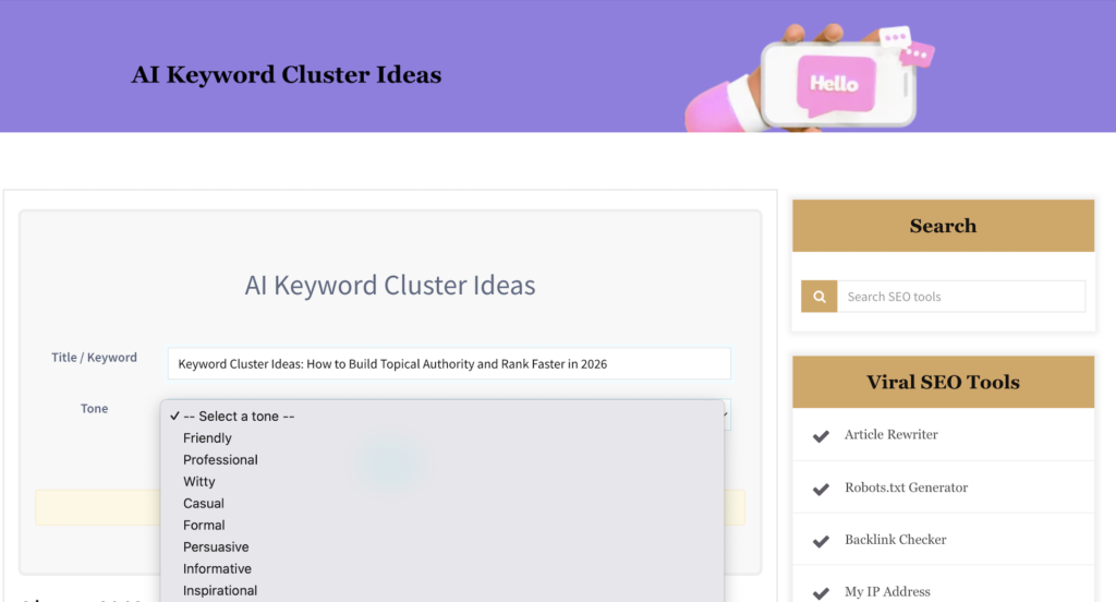 Keyword cluster ideas tool tone selector set to professional for structured SEO keyword clustering