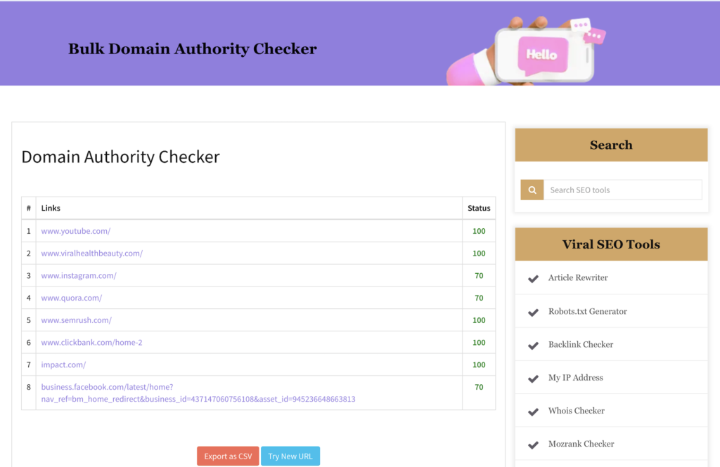 Domain Authority Checker results table displaying domain authority scores for multiple websites. Domain Authority Checker