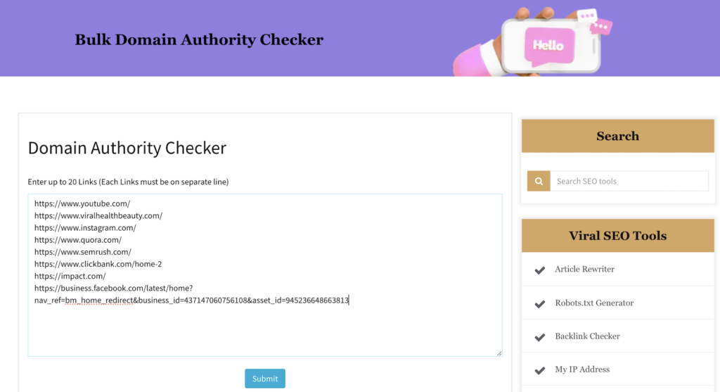 Domain Authority Checker input box showing how to enter multiple URLs on separate lines Domain Authority Checker