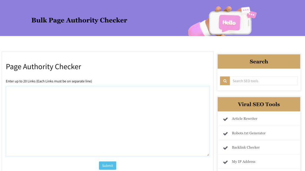 Page Authority Checker tool interface showing URL input field for page authority analysis