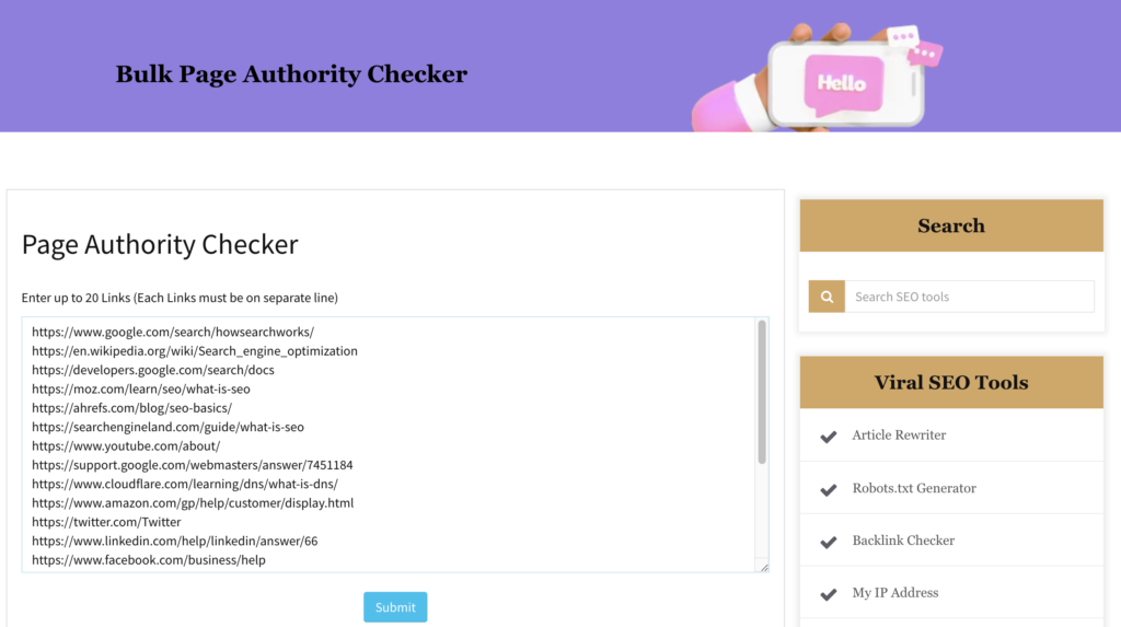 Bulk Page Authority Checker with multiple URLs entered for page authority checking