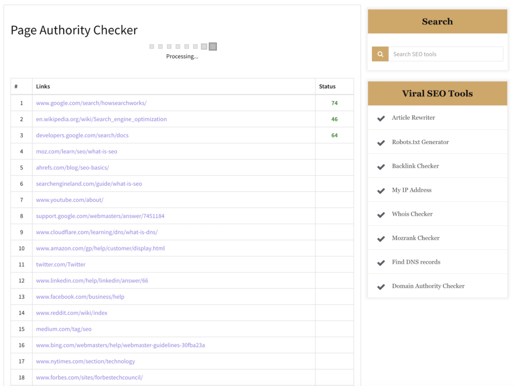 Page Authority Checker processing multiple URLs before generating page authority results